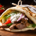 Greek gyro sandwich with juicy, seasoned meat, fresh vegetables,